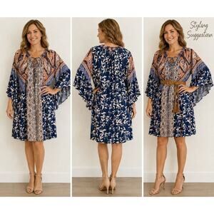 Umgee USA Boho Paisley Floral Tunic Dress Women's Medium Blue Bell Sleeve Rayon